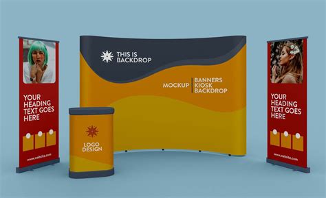 Free Exhibition Standing Banner, Kiosk & Backdrop Mockup PSD - Designbolts