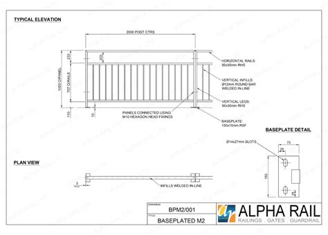 Baseplated Pedestrian Guardrail Technical Drawings | Alpha Rail