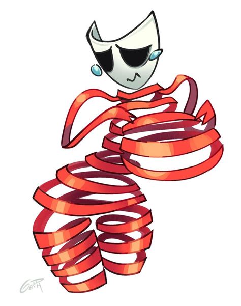 an image of a cartoon character made out of red ribbons and wearing ...