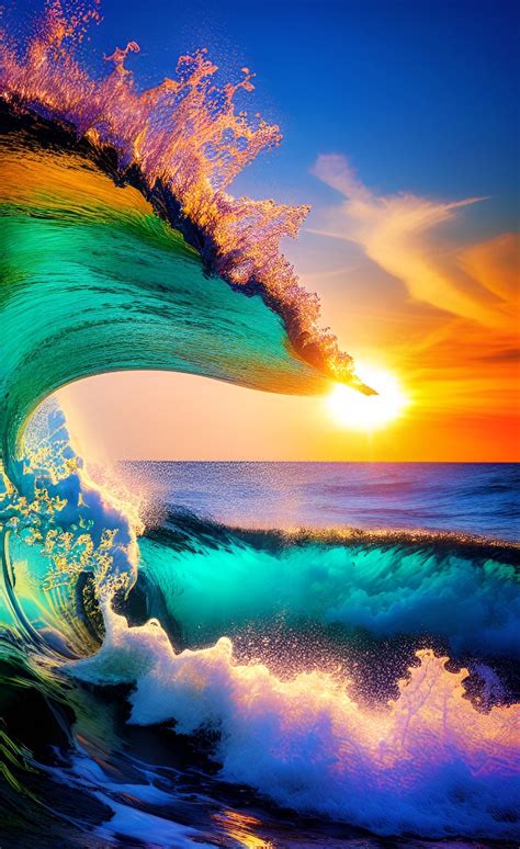 Beautiful Colorful Ocean Waves Sunset Art . Blue Sky Clouds Water ...