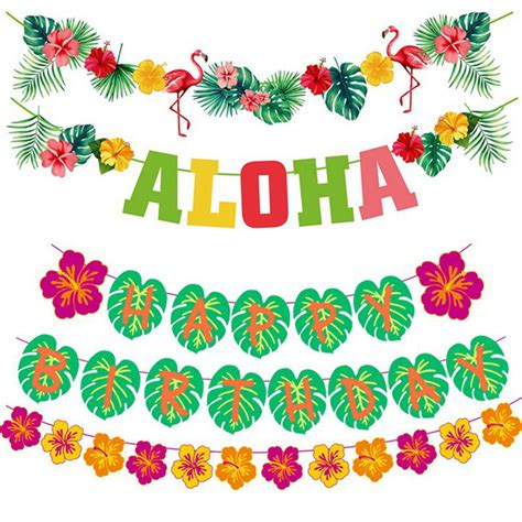 Happy Birthday Palm Leaf Hibiscus Flowers Garland Tropical Luau ALOHA ...