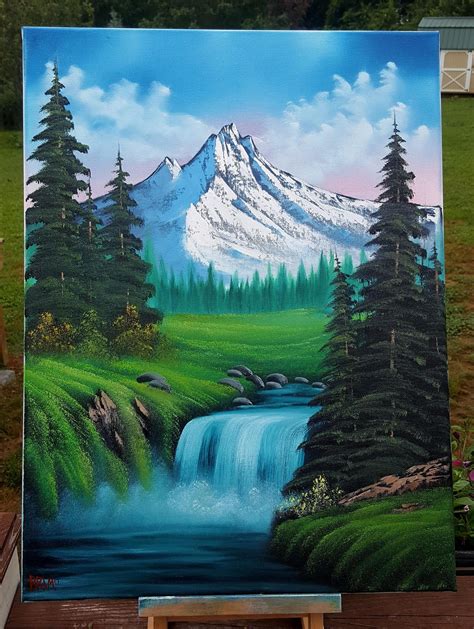 "Bob Ross Style Mountain Waterfall" Oil 18x24 canvas | Scenery ...