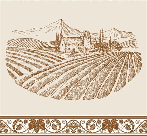 Vintage wine label background with sketch of old chateau, landscape ...