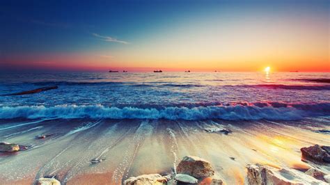 HD wallpaper: sea waves crashing on shore, sunset, beach, nature ...