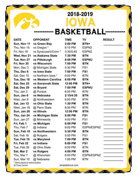 Printable 2018-2019 Iowa Hawkeyes Basketball Schedule