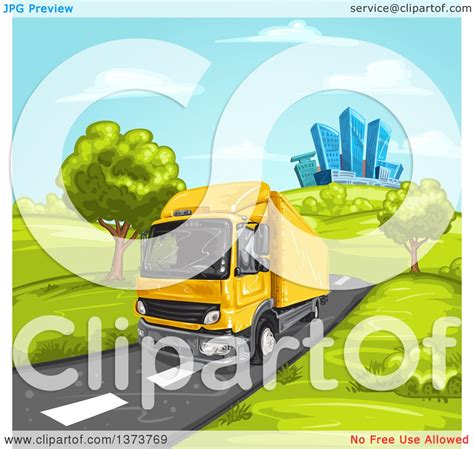 Clipart of a Yellow Big Rig Truck Driving on a Rural Road with a City ...