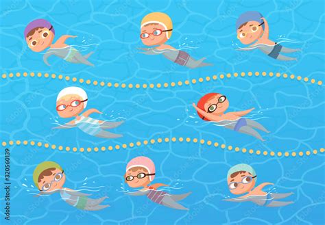 Kids in water pool. Children sport education swimming lesson vector ...