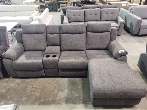 GREY RECLINING SOFA WITH CENTER STORAGE COMPARTMENT & CUP HOLDERS