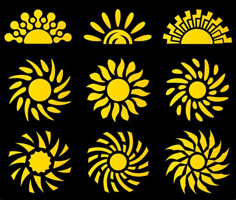 sun vector icon set, yellow circle and half circle sun logo collection ...