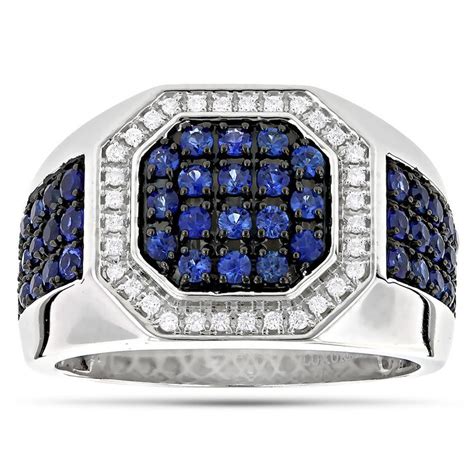 Unique 14K Gold Diamond and Blue Sapphire Mens Ring by Luxurman 1.8ctw ...