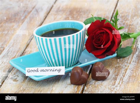 Good morning card with cup of coffee, two heart shaped chocolates and ...