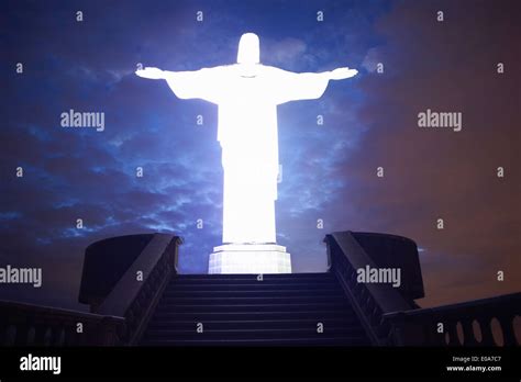 Stairway and Christ the Redeemer at night, Rio De Janeiro, Brazil Stock ...