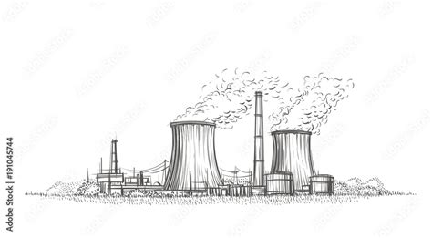 Nuclear power plant hand drawn sketch. Vector. Stock Vector | Adobe Stock