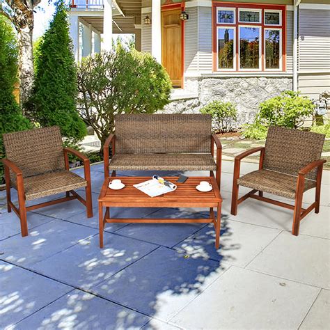 Gymax 4PCS Patio Conversation Set Outdoor Furniture Set w/ Acacia Wood ...