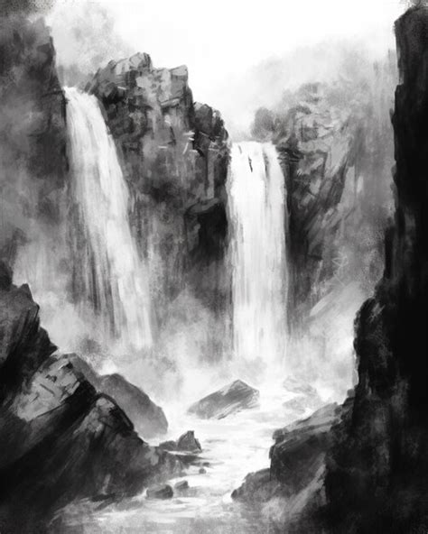 Premium AI Image | A black and white drawing of a waterfall with the ...