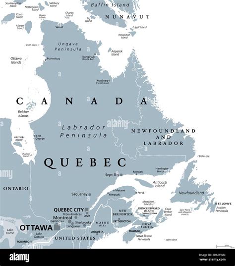 Quebec, largest province in the eastern part of Canada, gray political ...