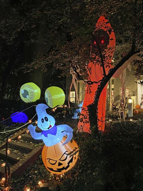 Scary Halloween Decorations at Night Stock Image - Image of holiday ...