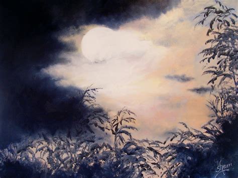 Fine art oil painting on canvas. Hunter's Moon - night time - moon - clouds