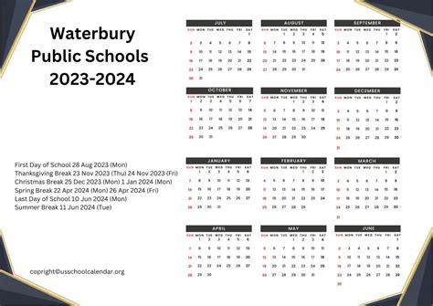 Waterbury Public Schools Calendar with Holidays 2023-2024