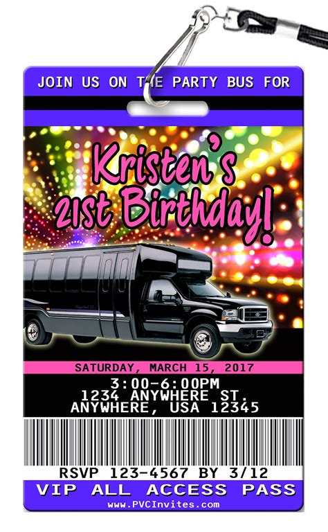 Party Bus Birthday Invitations - PVC Invites - VIP Birthday Invitations