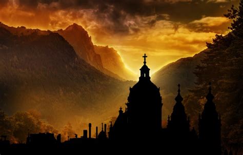 Wallpaper sunset, silhouette, church, nihgt for mobile and desktop ...