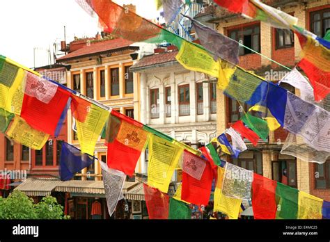 Tibetan buddhist prayer flags outside a temple in Nepal Stock Photo - Alamy