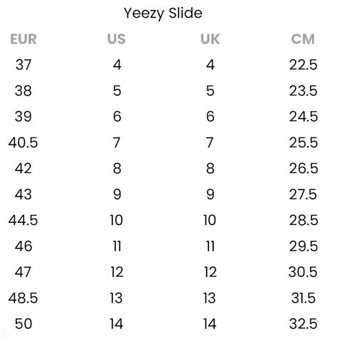 Size Chart - Yeezy Slide - BBNSUPPLY