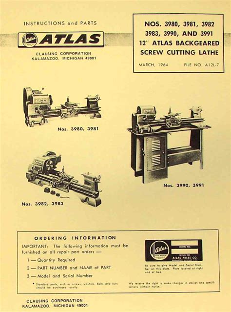 ATLAS-CRAFTSMAN 12" Metal Lathe 3980, 3981, 3982, 3983, 3990, 3991 ...