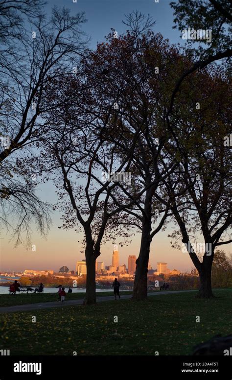 Cleveland skyline in fall at sunset Stock Photo - Alamy