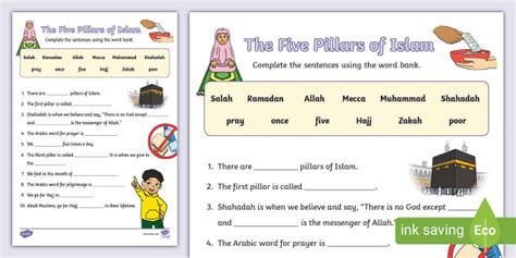 The Five Pillars of Islam Fill in the Blanks Worksheet