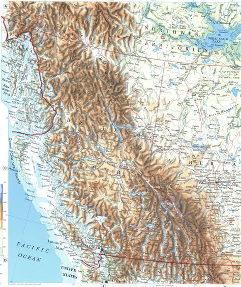 Map of Western Canada with cities and towns, rivers and mountains