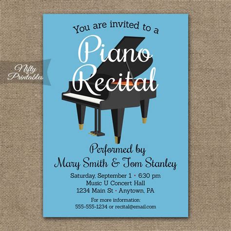 an image of a piano concert party card with the words you are invited ...