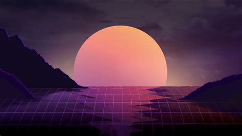 Retro Wave Moonrise Over Mountains HD Wallpaper