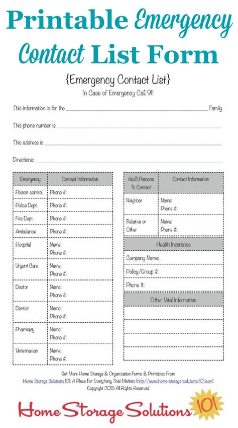 Free Printable Emergency Contact List Form