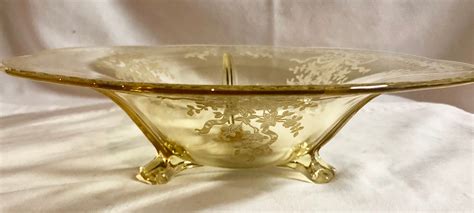 Antique Canary Yellow Depression Glass Large Floral Footed Serving Bowl