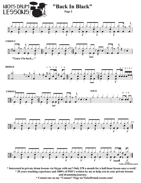 “Back In Black” AC/DC – Drum Sheet Music - Nicks Drum Lessons