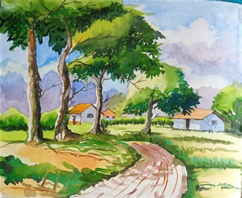 Village Painting, landscape Scenery painting | WATERCOLOR ON PAPER ...