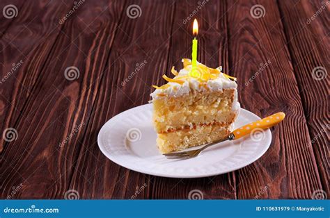 Slice of Birthday Cake with Candle Stock Image - Image of fire, pastry ...