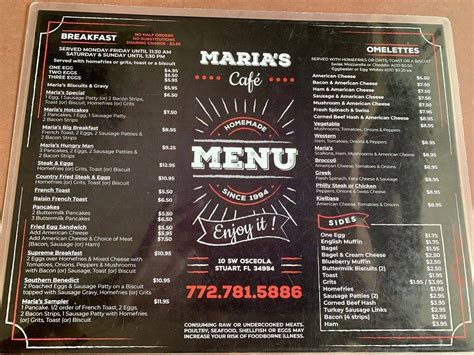 Menu at Maria's Cafe, Stuart, 10 SW Osceola St