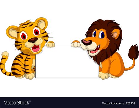 Cute lion and tiger cartoon with blank sign Vector Image