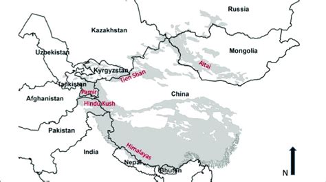 Map of the snow leopard distribution range (shaded grey) and the ...