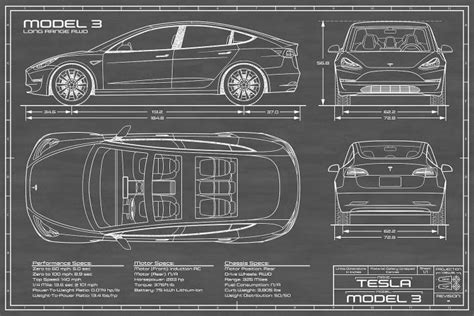 Tesla Model 3 (Long Range RWD) Blueprint C... | Action Blueprints | iCanvas