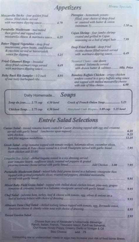 Alexander's Restaurant menu in Mayfield, Pennsylvania