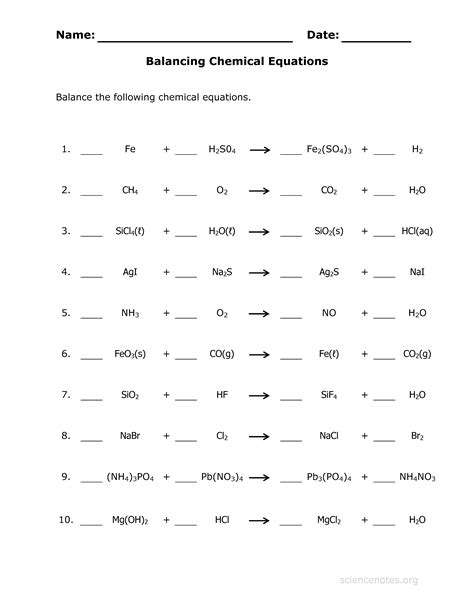 Balancing Chemical Equations Worksheet