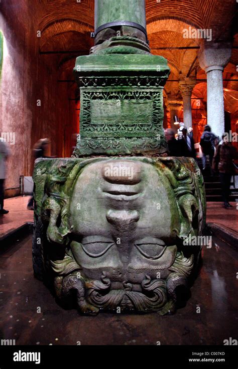 Turkey, Istanbul, the Basilica Cistern, a head of Medusa, turned upside ...