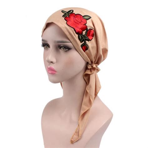 Fashion Rose Embroidery Stretchy Pre Tied Head Scarf Head Wrap Scarves ...