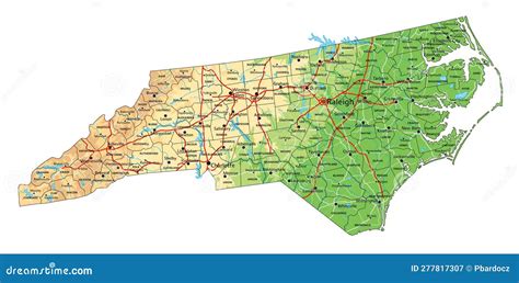 Detailed North Carolina Physical Map with Labeling. Stock Illustration ...