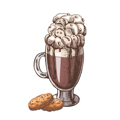 A hand-drawn colored sketch of hot chocolate with whipped cream and ...