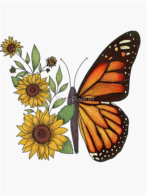 a drawing of a butterfly and sunflowers