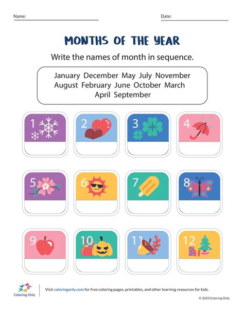 Months of the Year Free Printable Worksheet